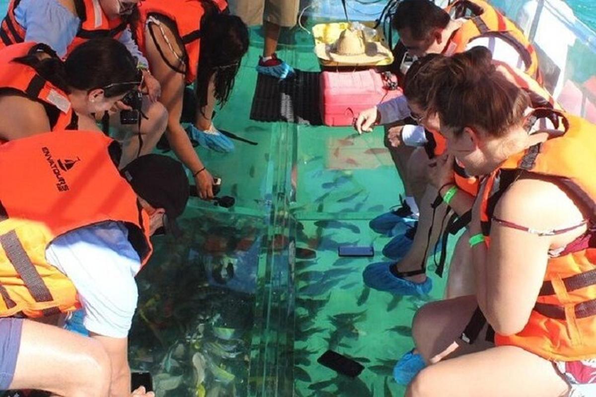 um grupo de pessoas olhando os peixes na água