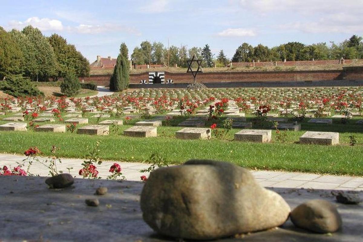 un cimitero con fiori rossi e una roccia