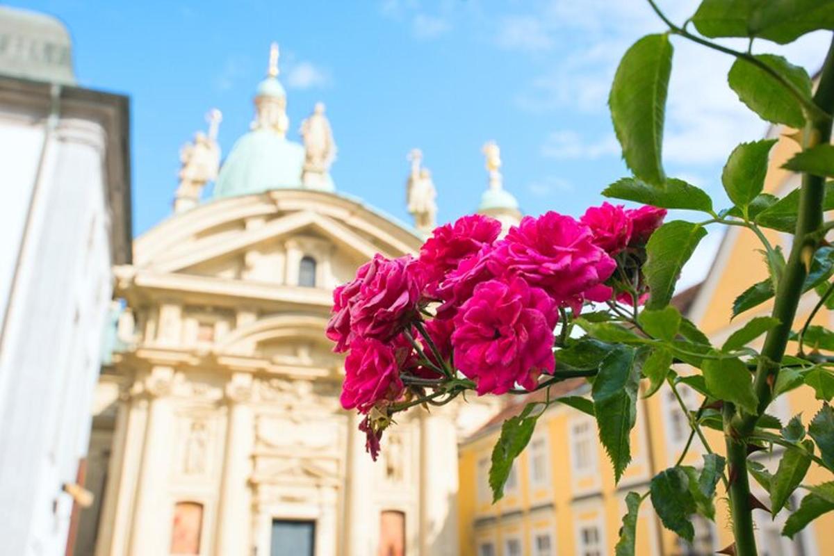 um buquê de flores rosas em frente a um prédio