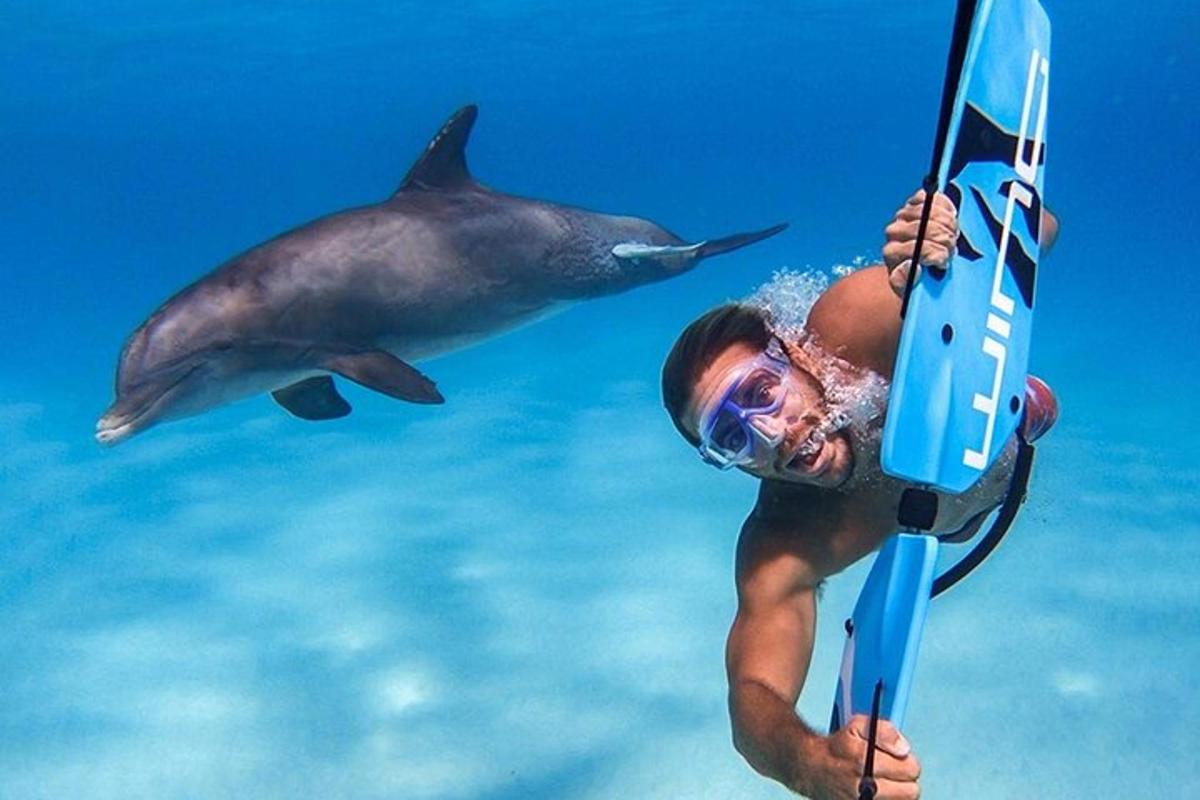 un uomo con uno squalo che nuota nell'acqua
