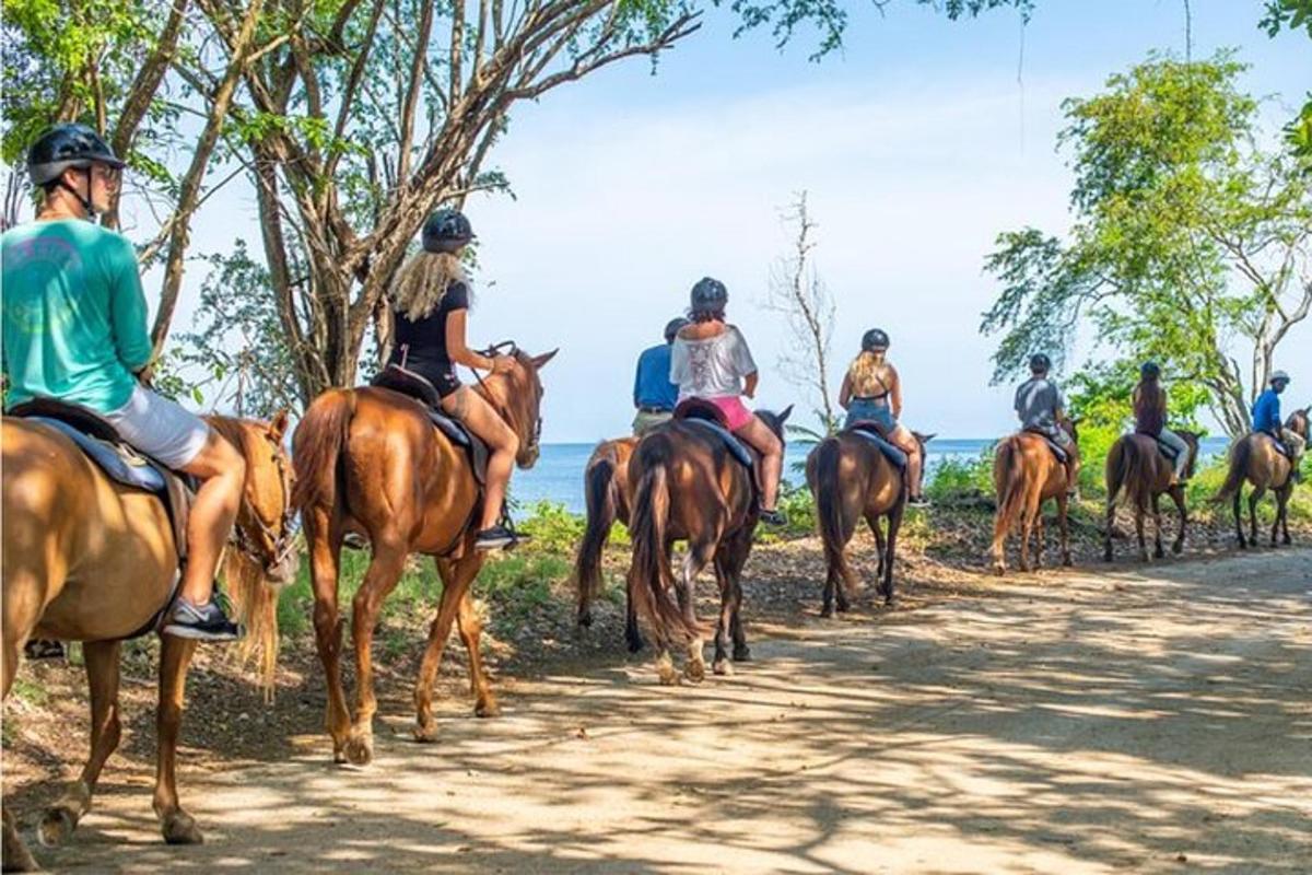 một nhóm người đang cưỡi ngựa trên một con đường đất