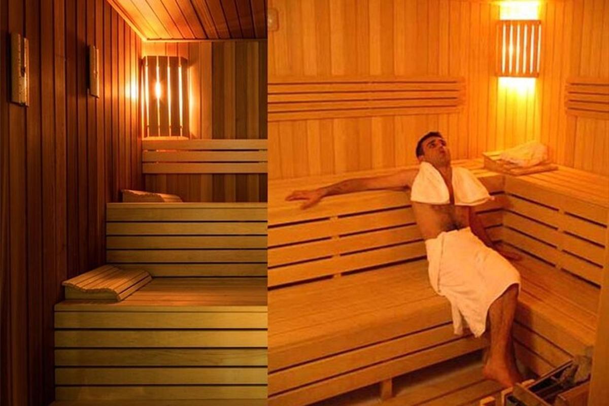 a man is sitting in a sauna