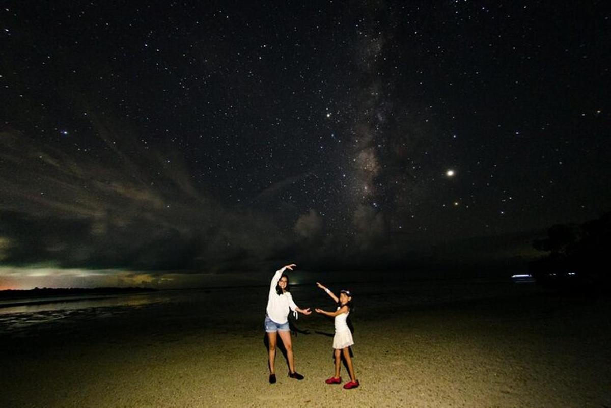 两个人站在海滩上仰望夜空