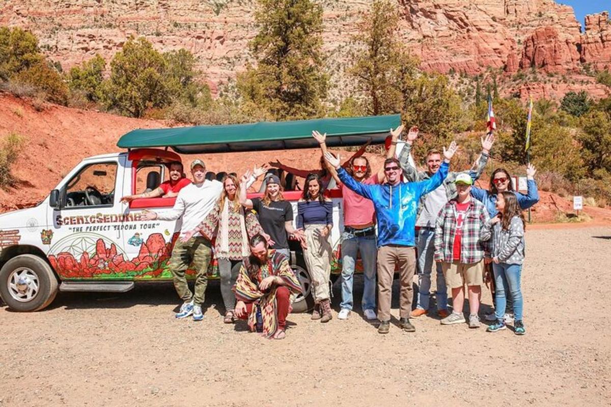 a group of people standing in front of a van