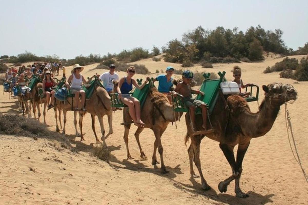 Un grupo de personas montando camellos en el desierto.
