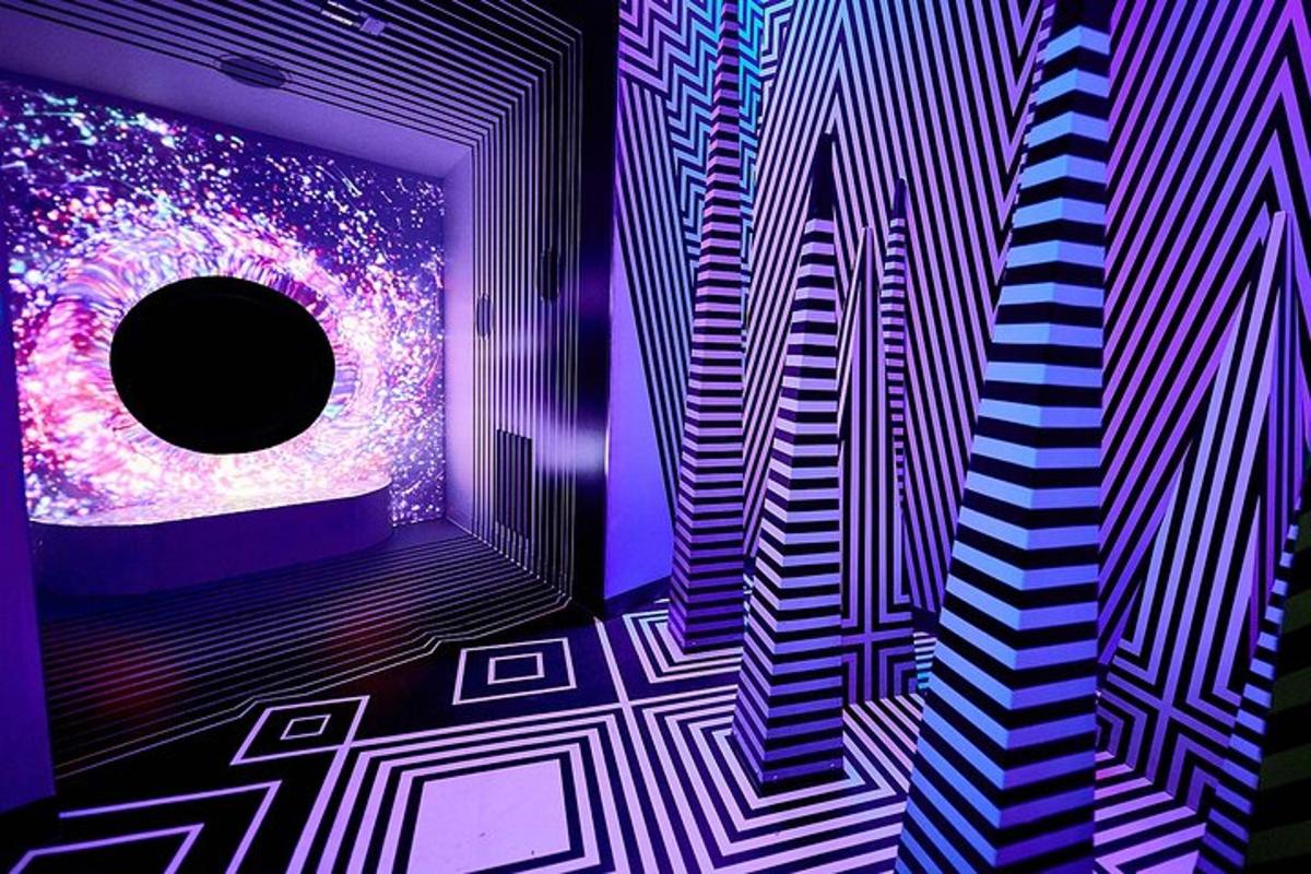 a room with a purple room with a donut on the wall