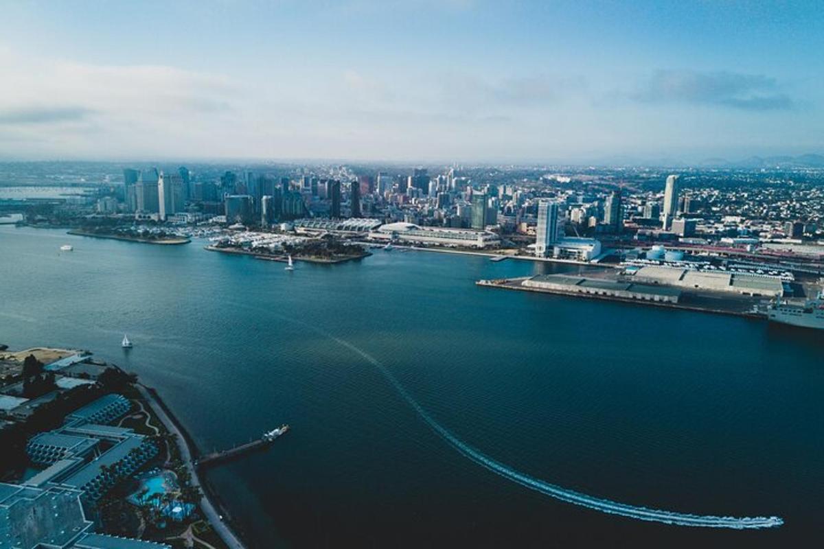 an aerial view of a large body of water with a city