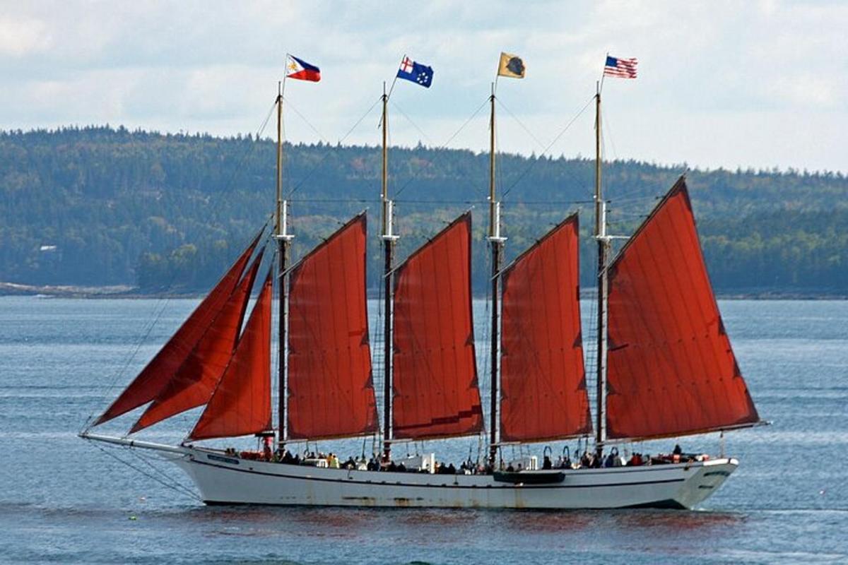a sail boat with red sails on the water
