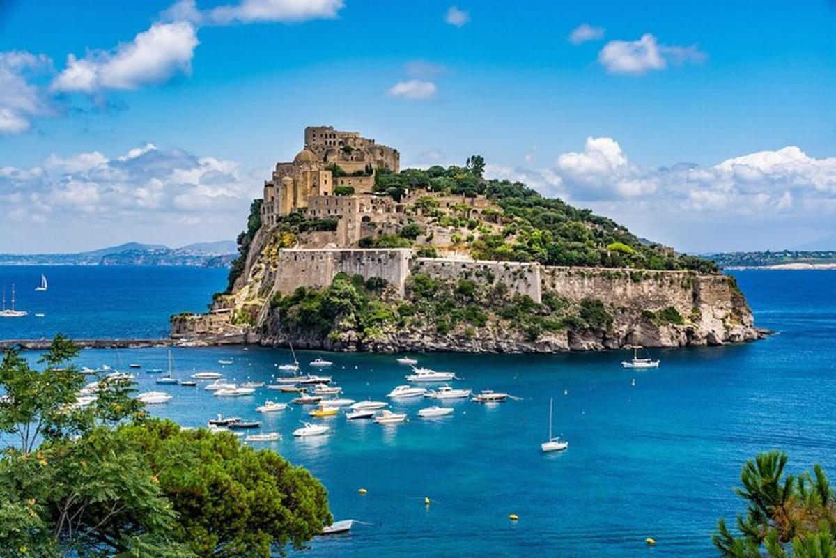Un castillo en una isla en el agua con barcos.