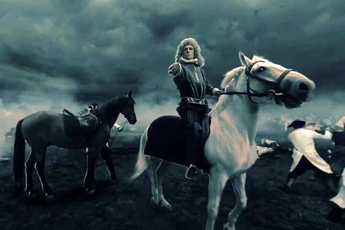 una pintura de un hombre montado en un caballo blanco