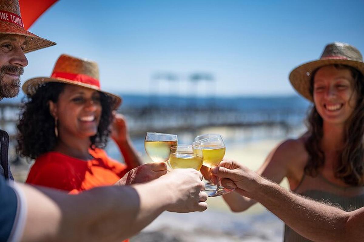 un gruppo di persone che tengono in mano bicchieri di vino sulla spiaggia