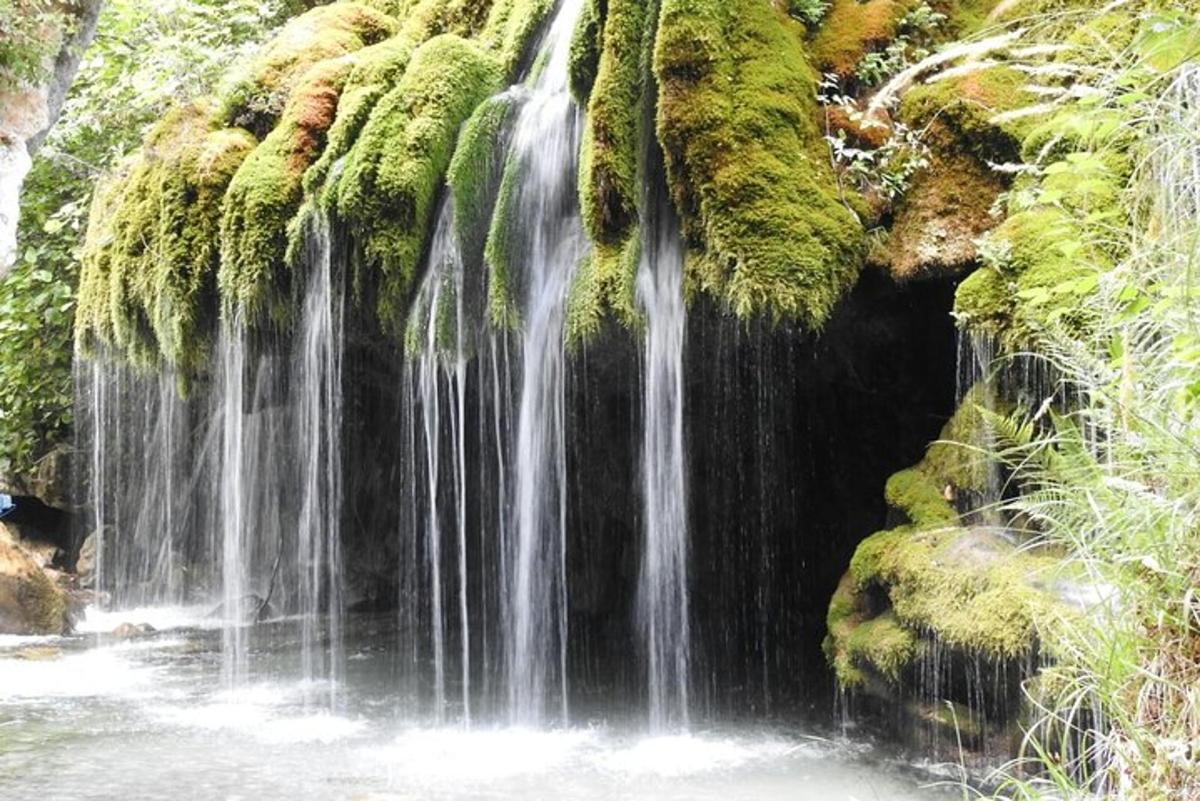 aliran air yang mengalir menuruni air terjun yang dilitupi lumut