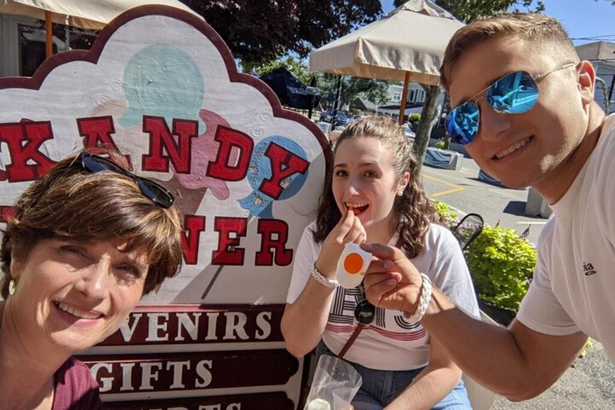 a group of people standing in front of a sign