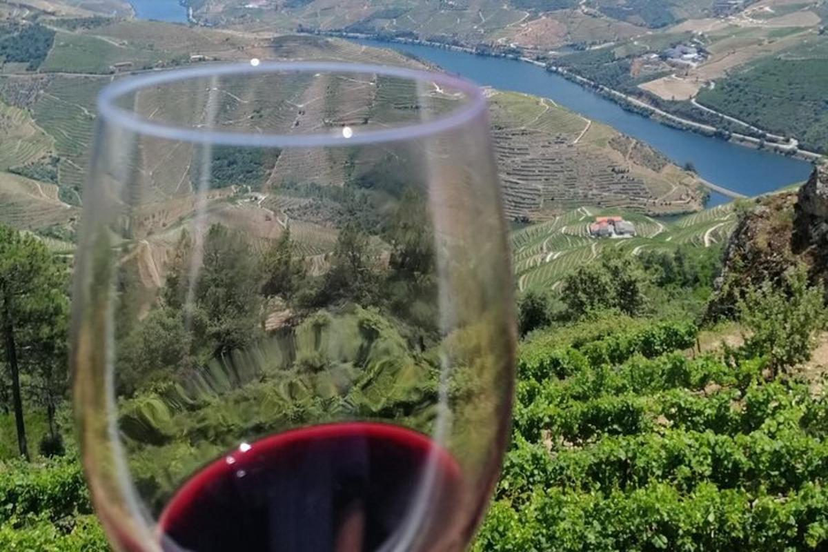 a glass of red wine with a view of a river