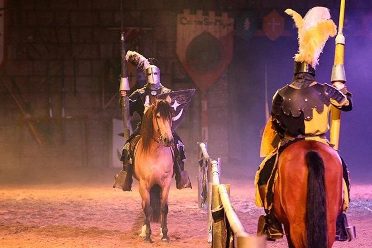 a man in armor on a horse next to a person on a horse