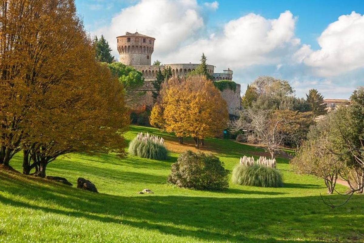 a castle on top of a green field with trees