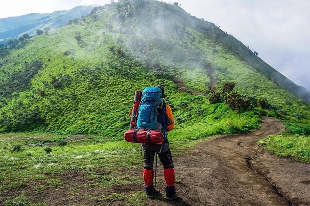 Una persona con una mochila parada en un sendero de montaña