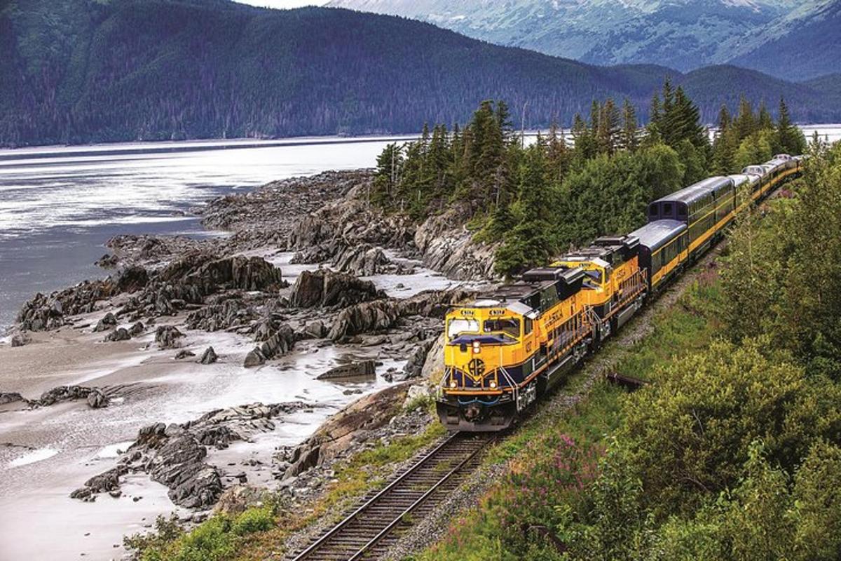 un tren groc que viatja per les vies a prop de l'aigua