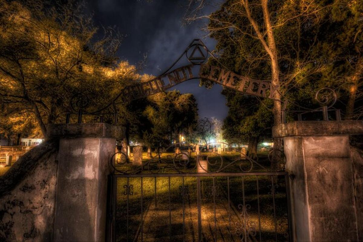Una puerta en un parque por la noche con luces.