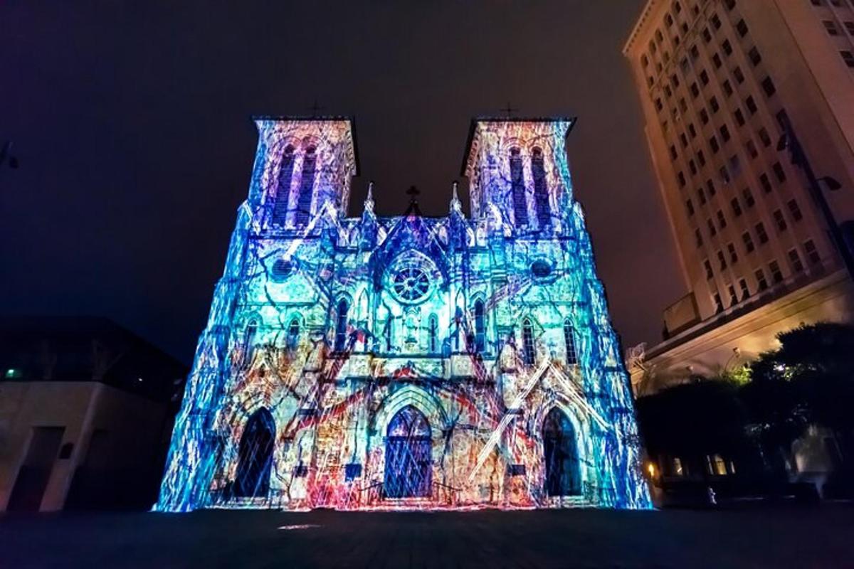 a building with a light display on it at night