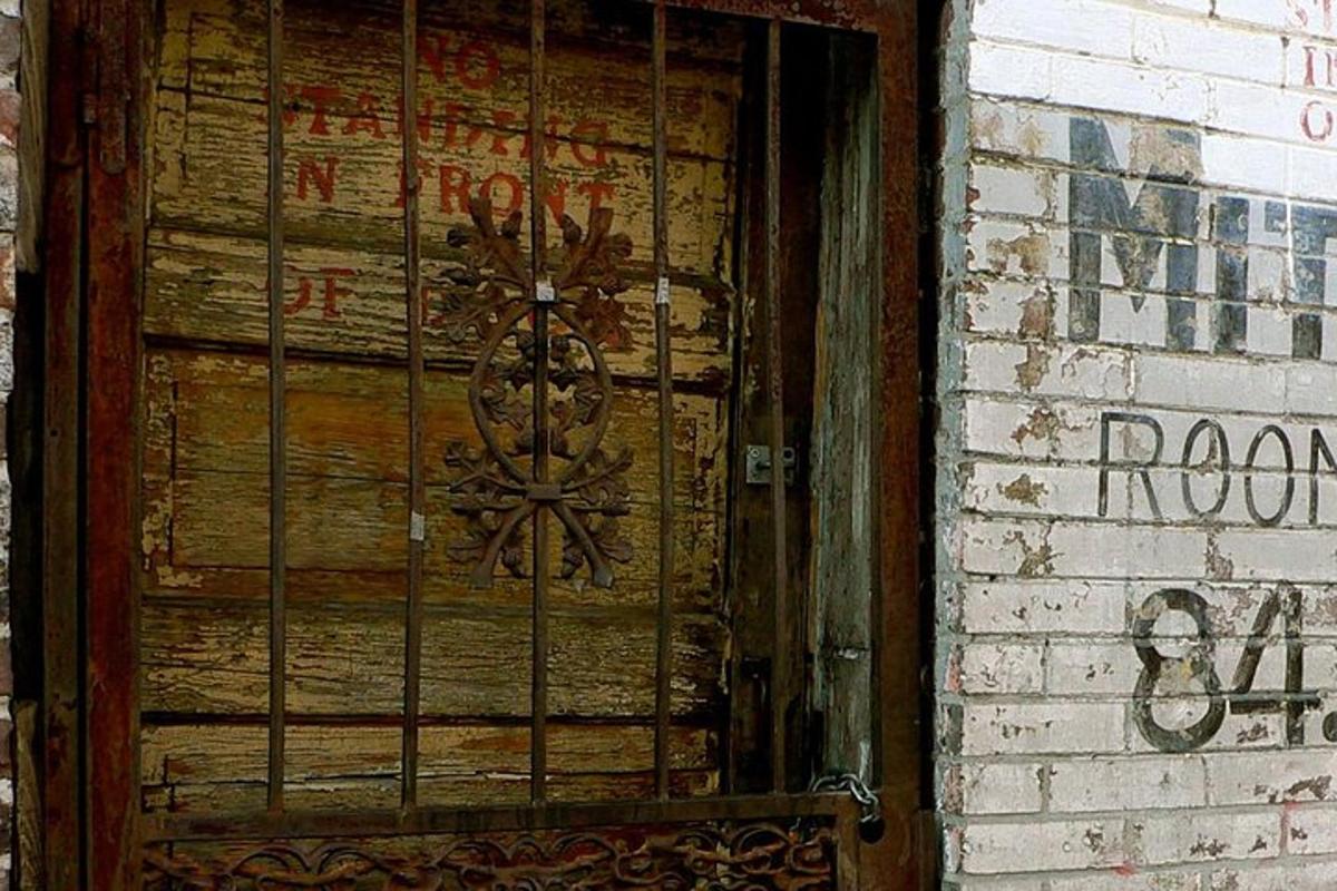 a wooden door with a metal gate on a building