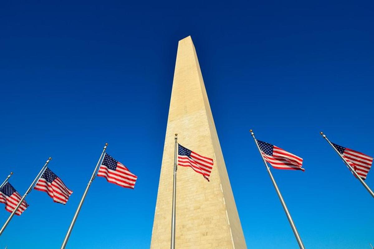 skupina amerických vlajok pred Washingtonským monumentom