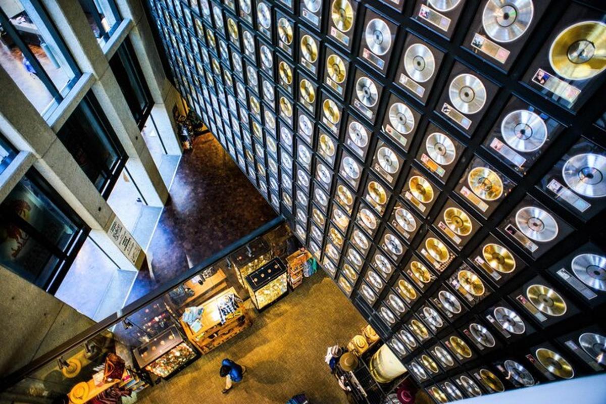 an overhead view of a restaurant with plates on a wall