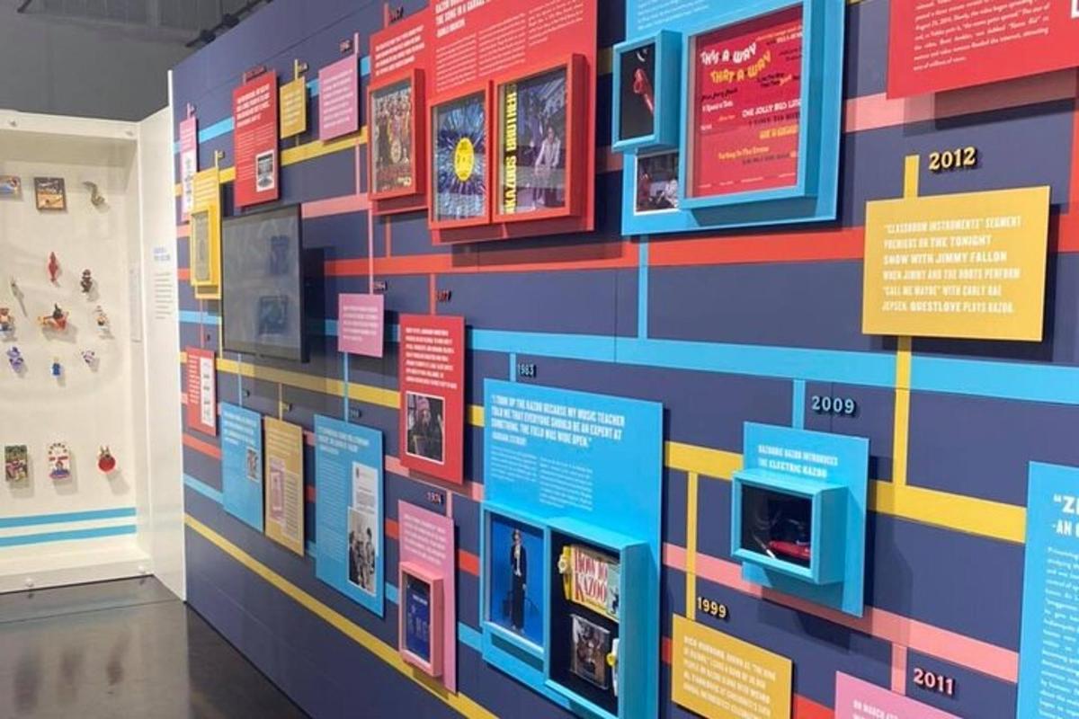 a wall in a museum with signs on it