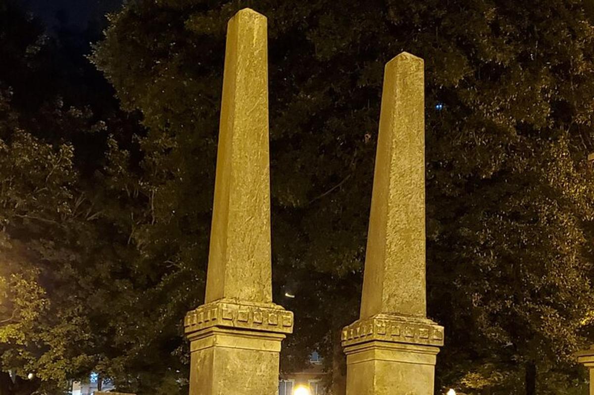 dva visoka stebra v parku ponoči