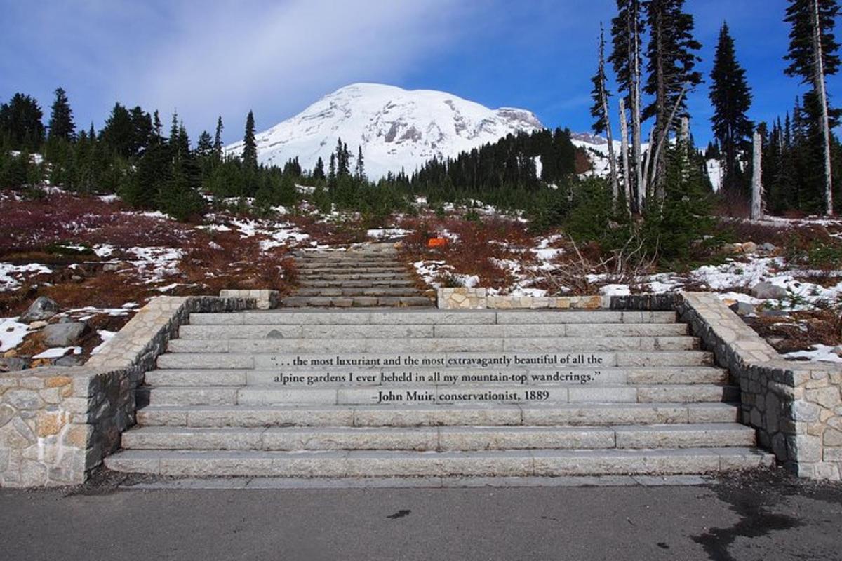 a set of stairs with a snow covered mountain in the background