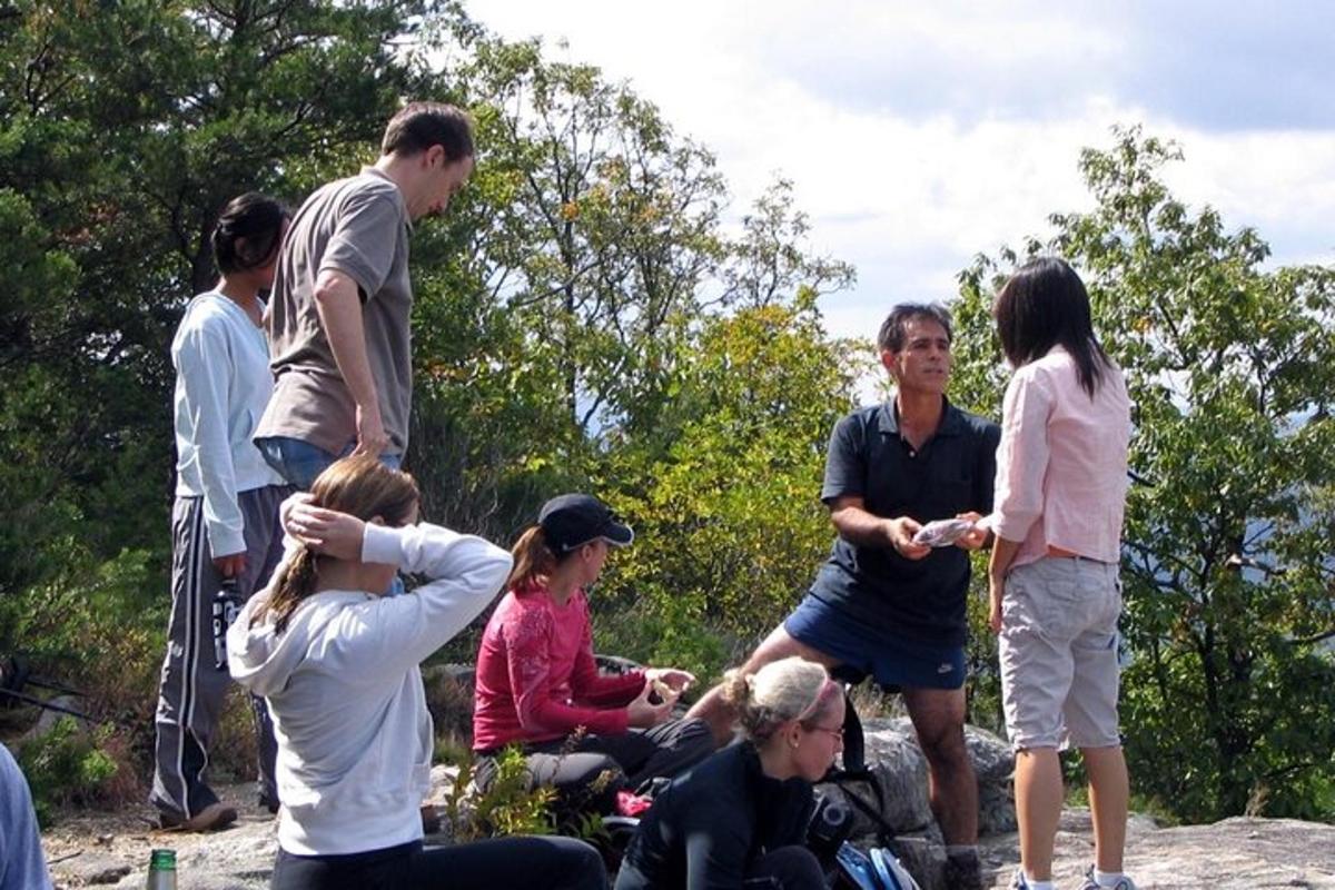a group of people standing around in a park