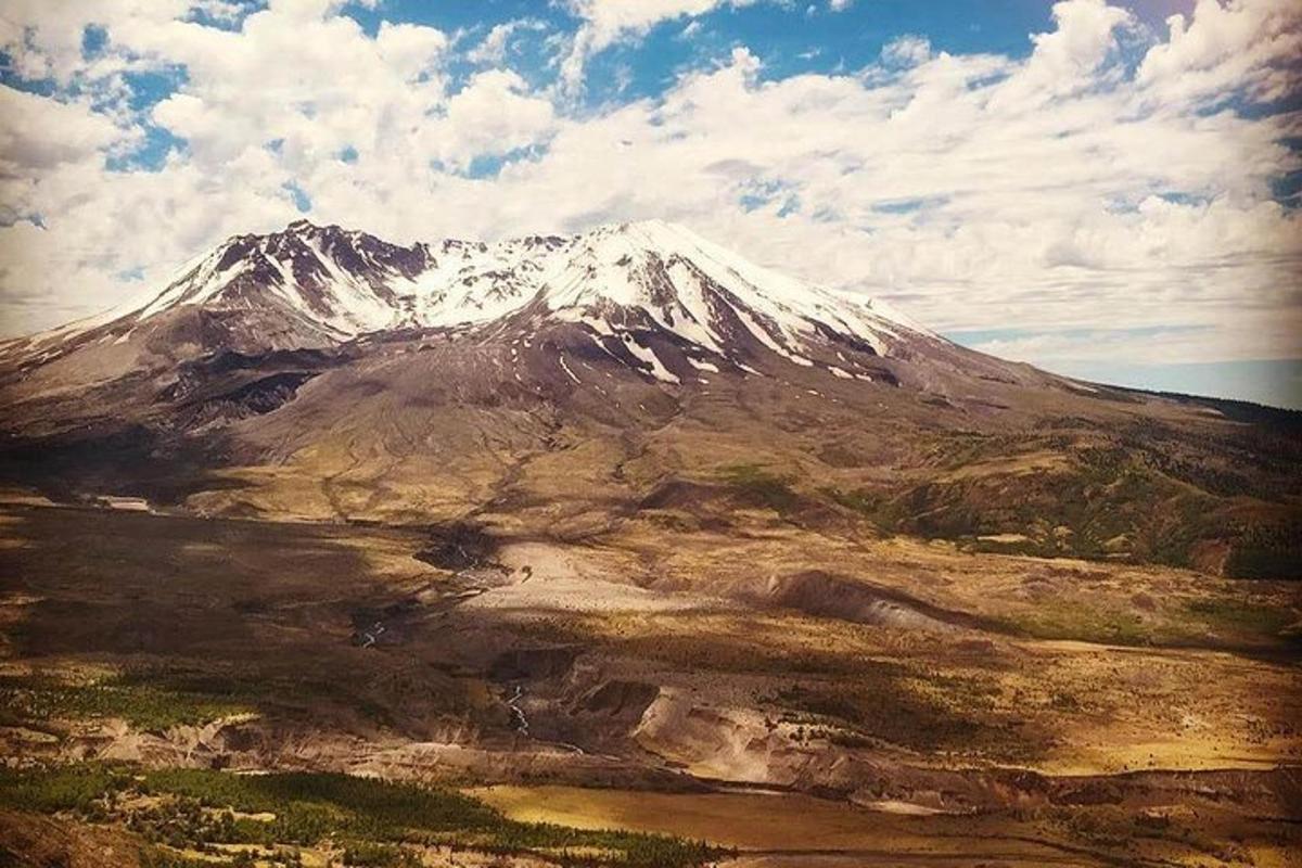 una montagna coperta di neve in mezzo a un campo