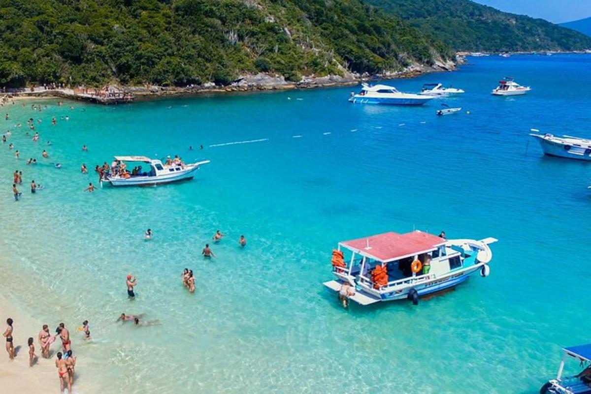 a group of people in the water at a beach