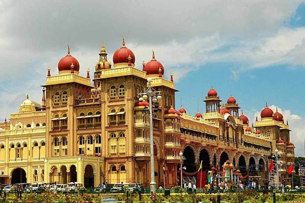 a large building with red domes on top of it