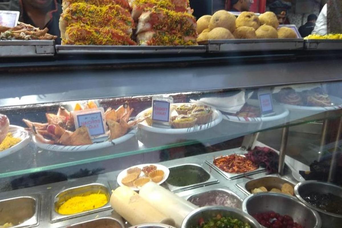 a display case with many different types of food