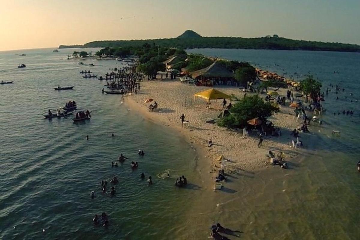 a group of people on a beach in the water