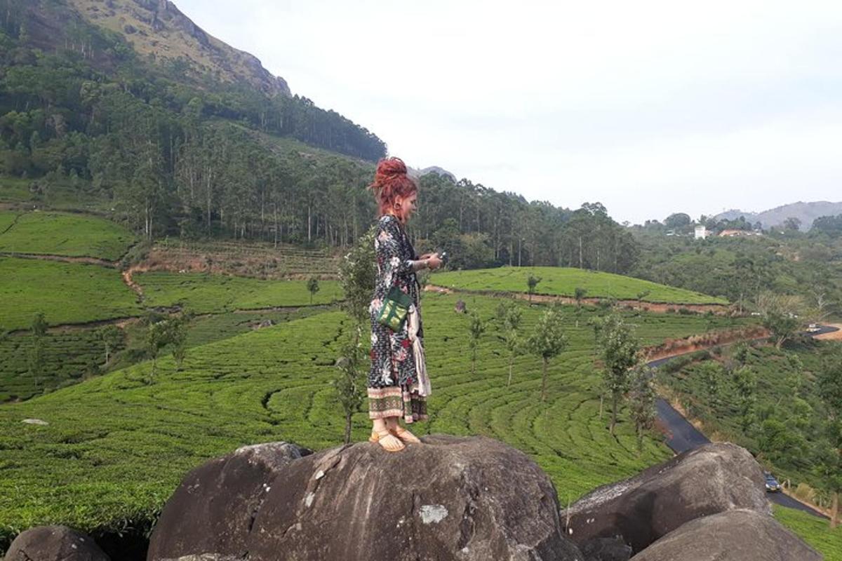 a woman standing on a rock looking at a valley
