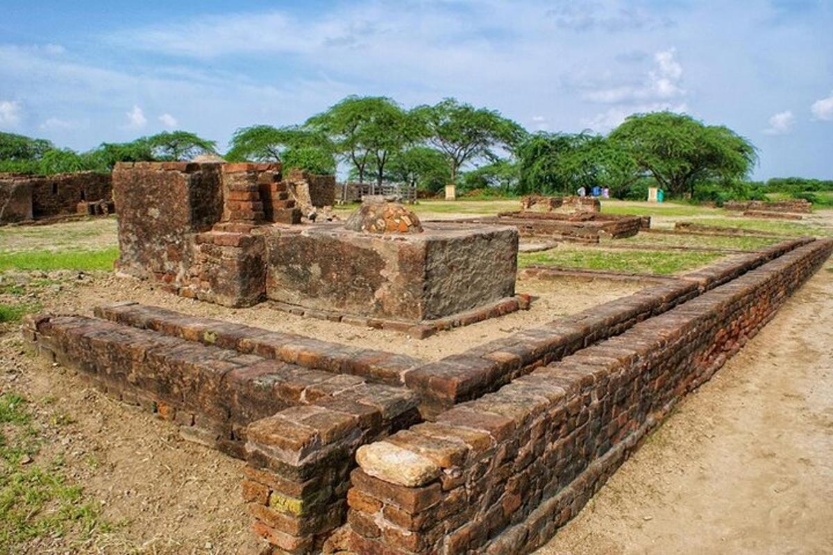 a stack of bricks in a field with trees in the background