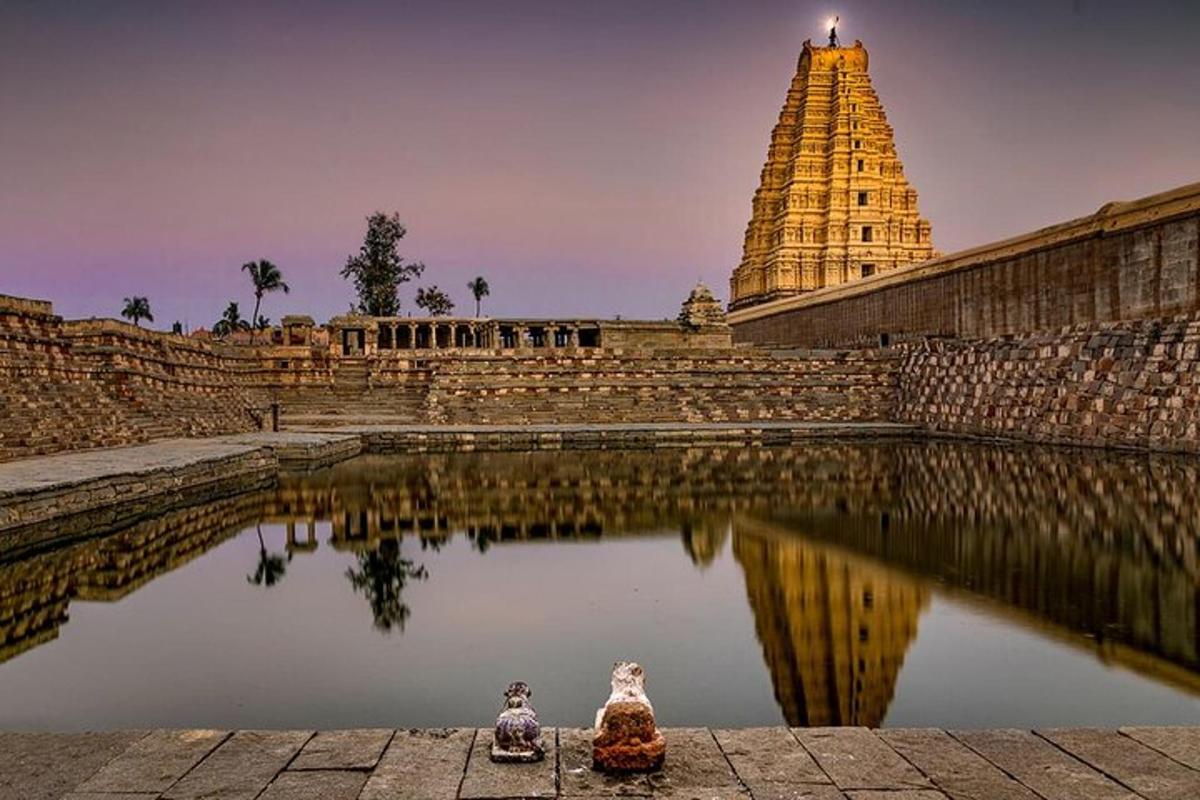 two birds sitting in a pond in front of a temple