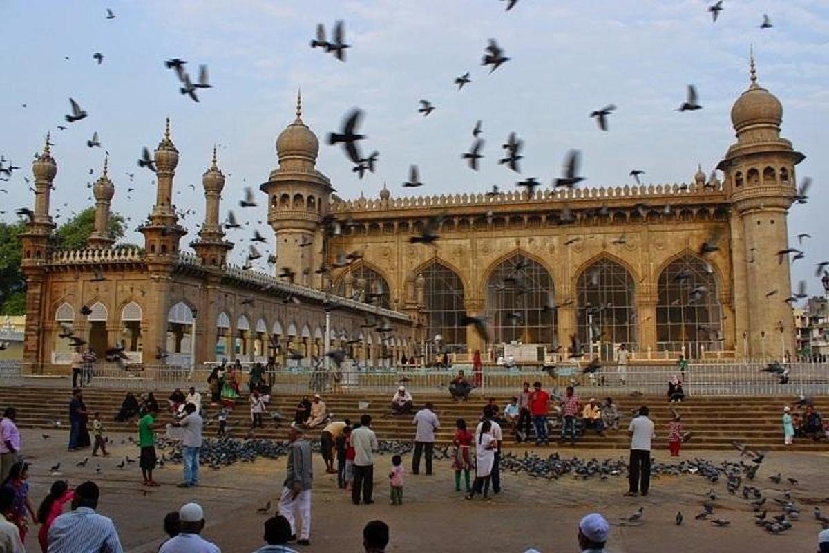 a group of people standing in front of a building with birds