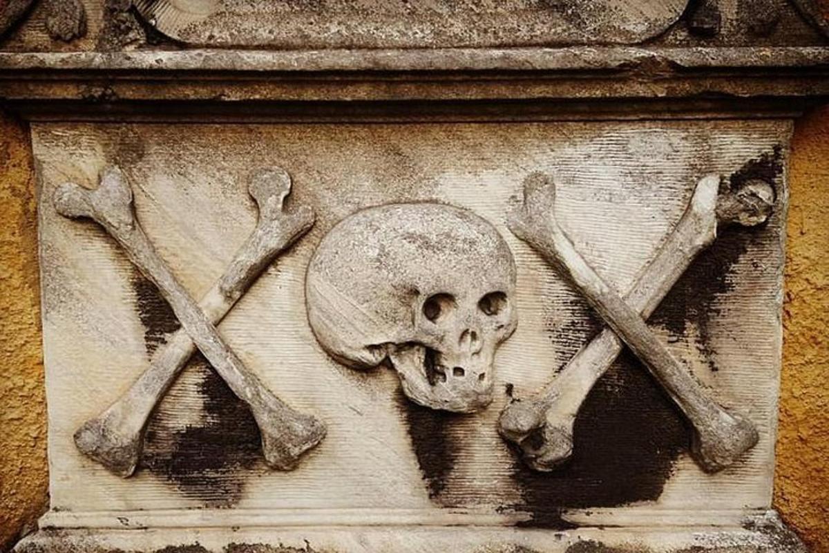una imatge d'una calavera i armes creuades en una paret