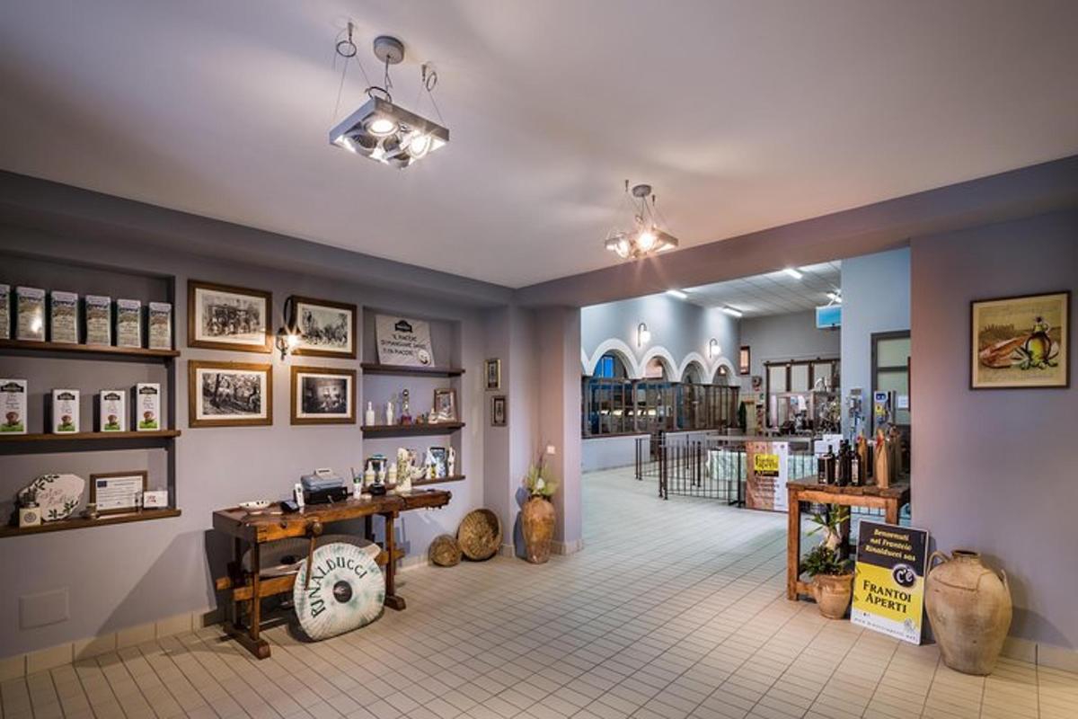 a room with a shop with a clock on the wall
