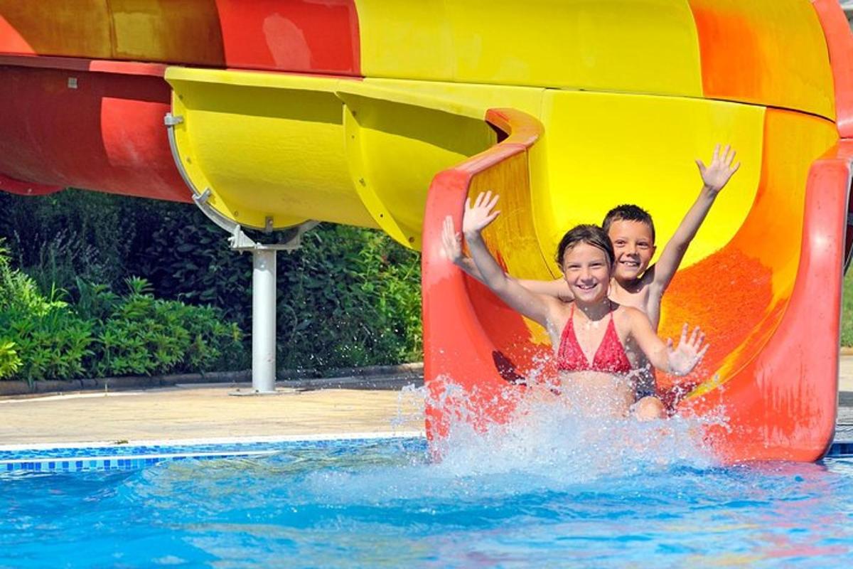 two children sliding down a slide in a pool
