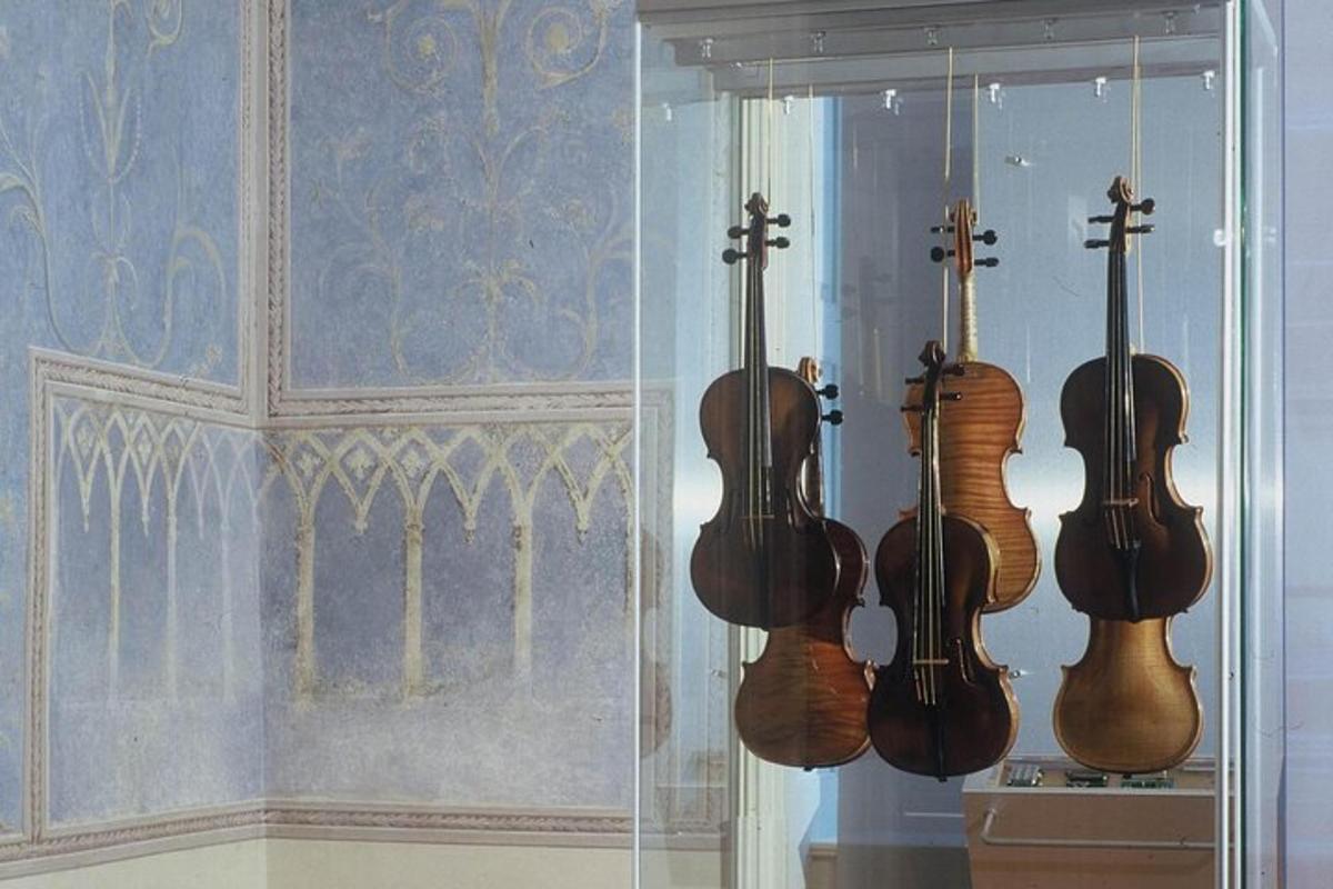 un gruppo di violini appesi a una parete