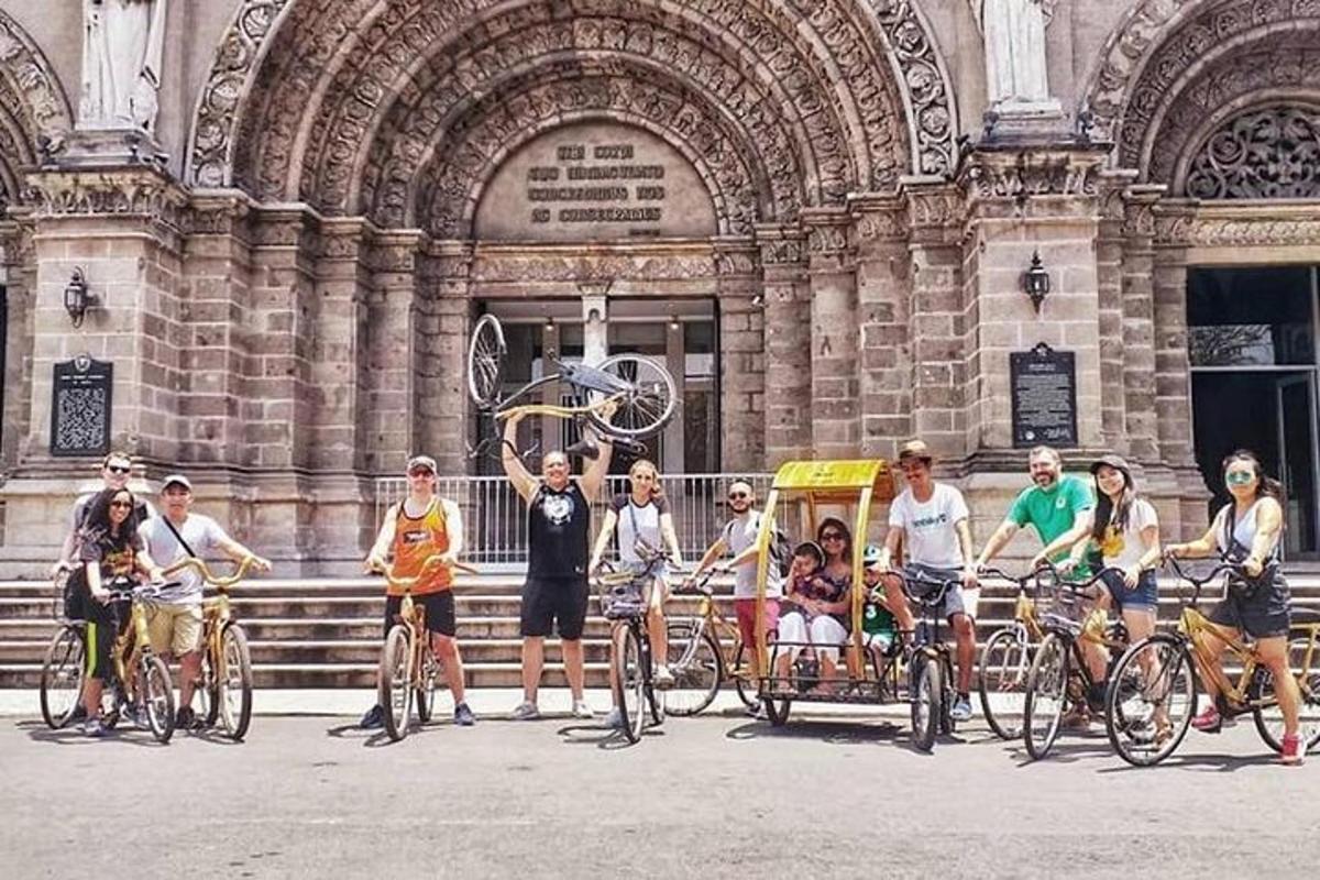 a group of people on bikes in front of a building