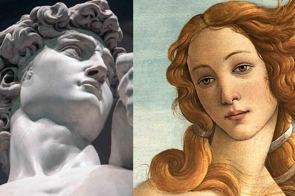 two pictures of a statue and a painting of a woman