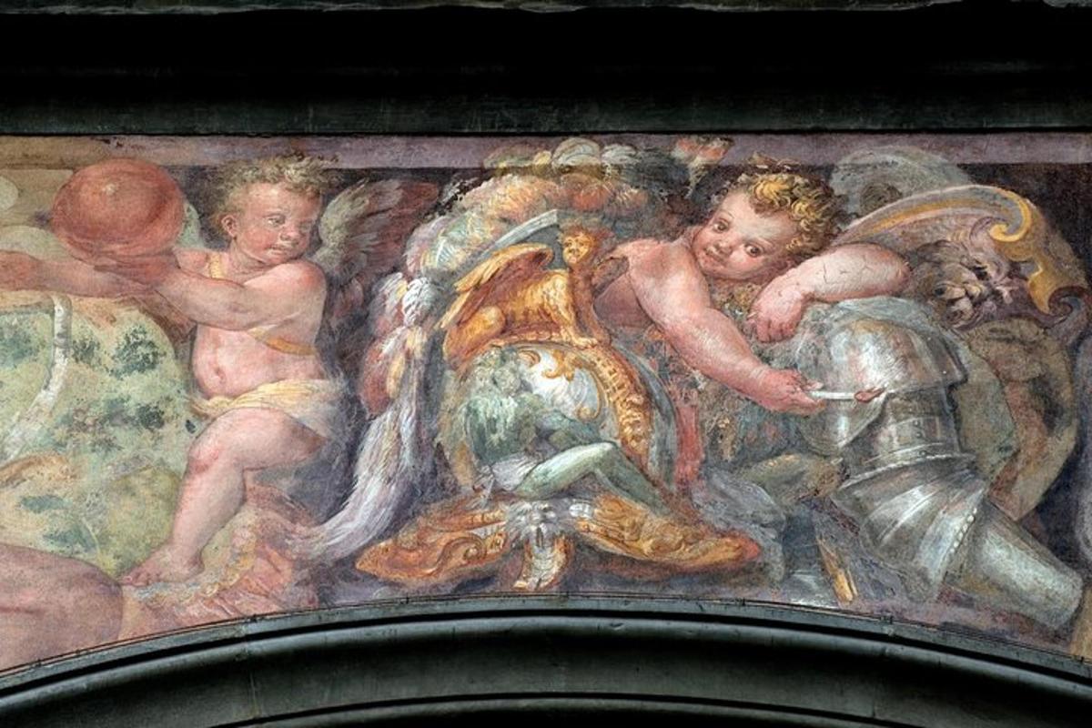 a painting of two children on a wall
