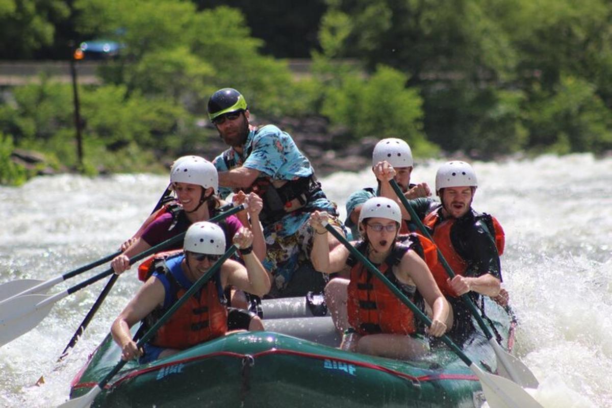 a group of people in a raft on a river