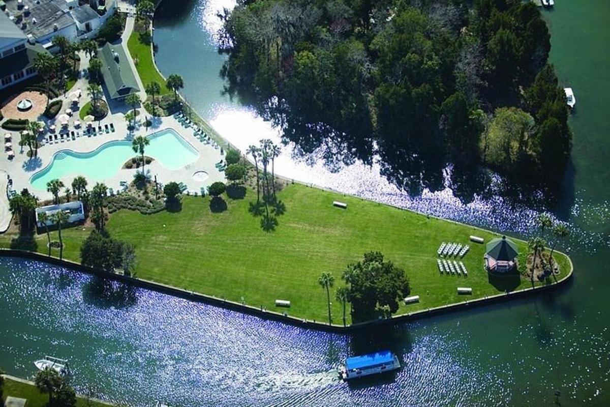 an aerial view of an island in the water