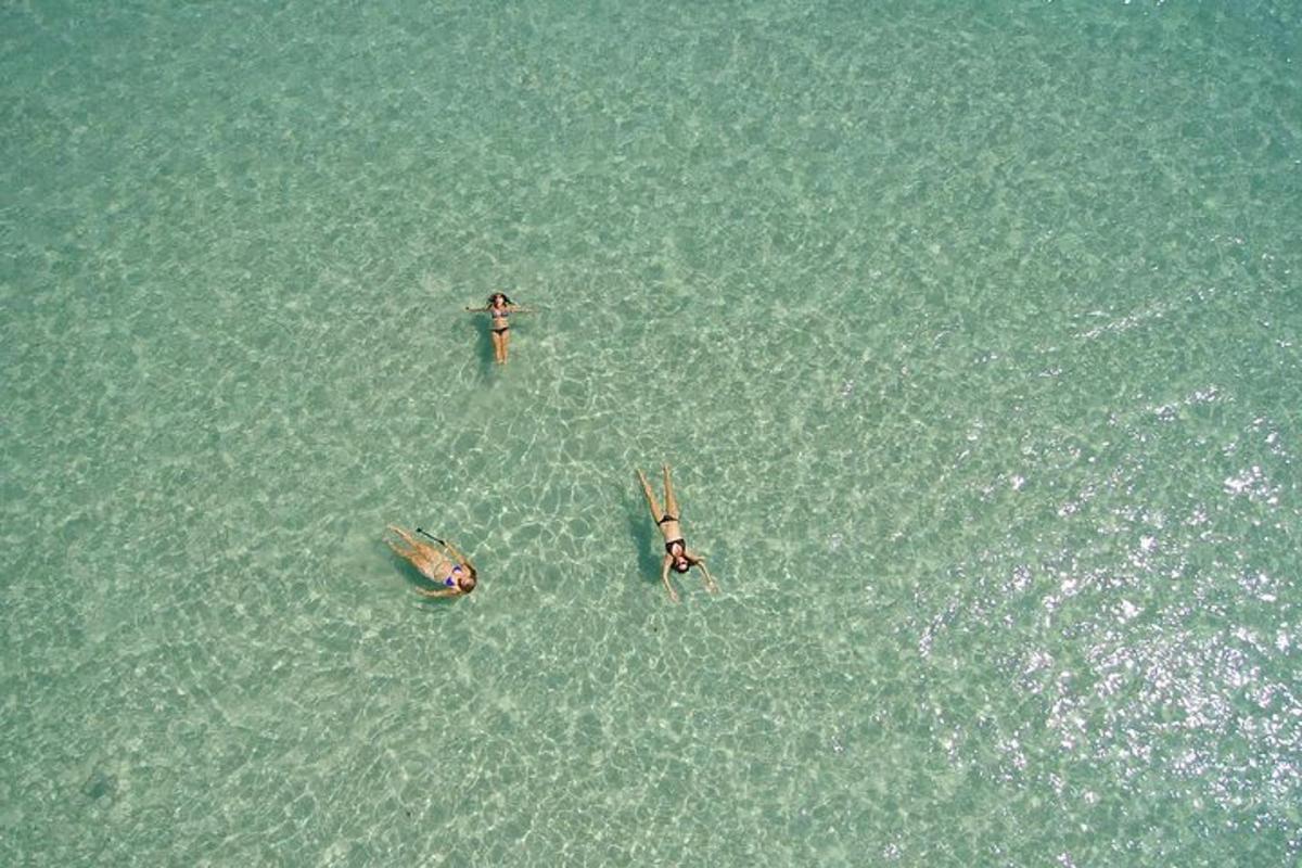 three people swimming in the water in the ocean